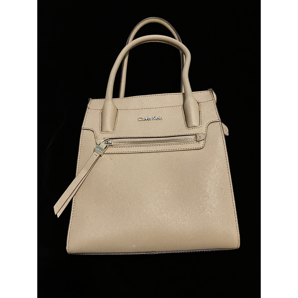 Calvin Klein Vachetta Camel Tan Saffiano Texture Two Handle Purse Zip Close Tote
